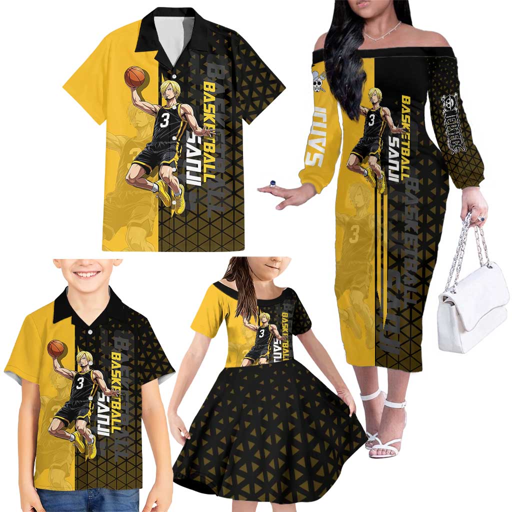 Sanji One Piece Basketball Theme Yellow and Black Design Family Matching Off The Shoulder Long Sleeve Dress and Hawaiian Shirt with Pirate Chef Logo and Jump Shot Pose