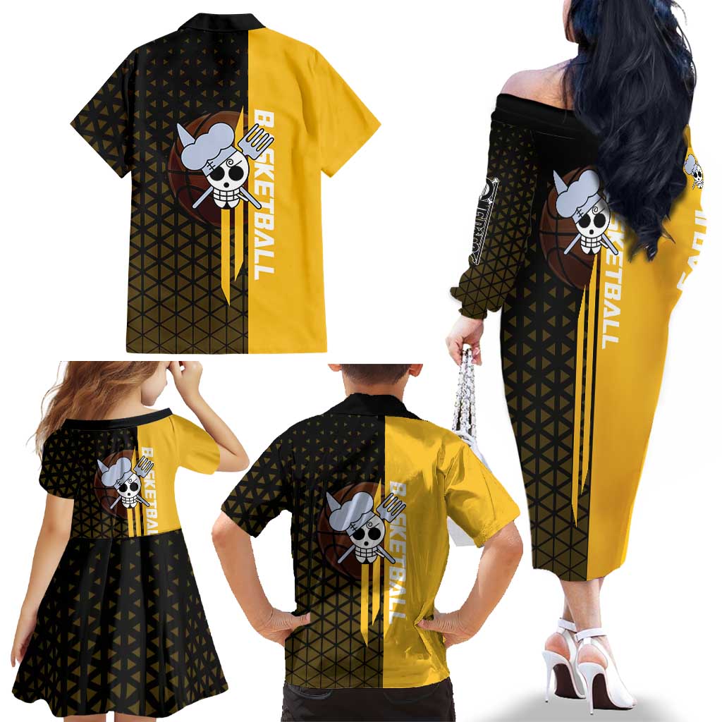 Sanji One Piece Basketball Theme Yellow and Black Design Family Matching Off The Shoulder Long Sleeve Dress and Hawaiian Shirt with Pirate Chef Logo and Jump Shot Pose