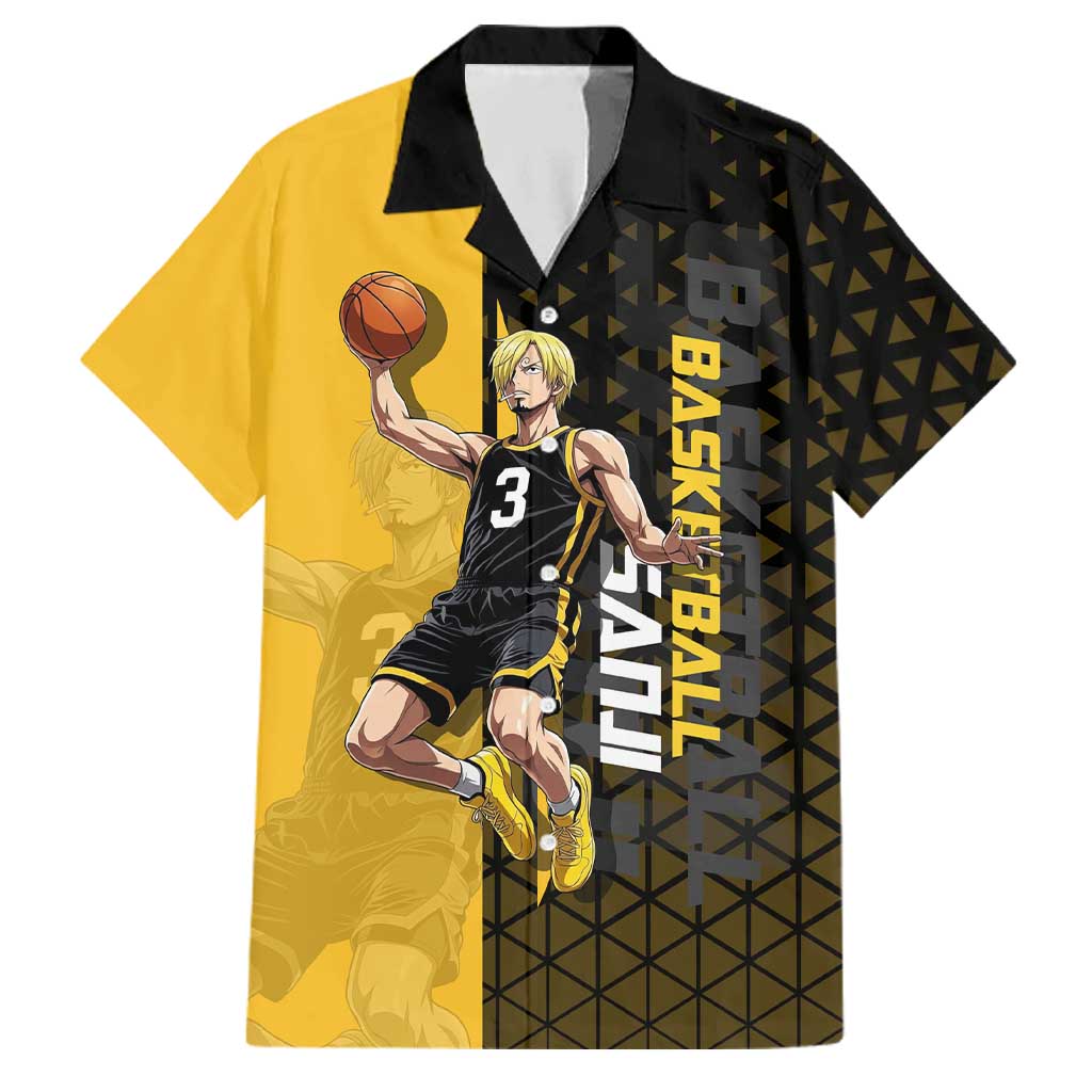 Sanji One Piece Basketball Theme Yellow and Black Design Family Matching Off The Shoulder Long Sleeve Dress and Hawaiian Shirt with Pirate Chef Logo and Jump Shot Pose