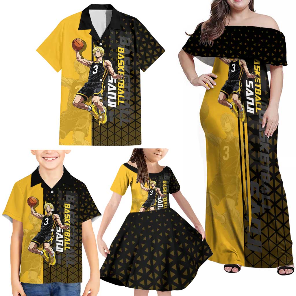 Sanji One Piece Basketball Theme Yellow and Black Design Family Matching Off Shoulder Maxi Dress and Hawaiian Shirt with Pirate Chef Logo and Jump Shot Pose