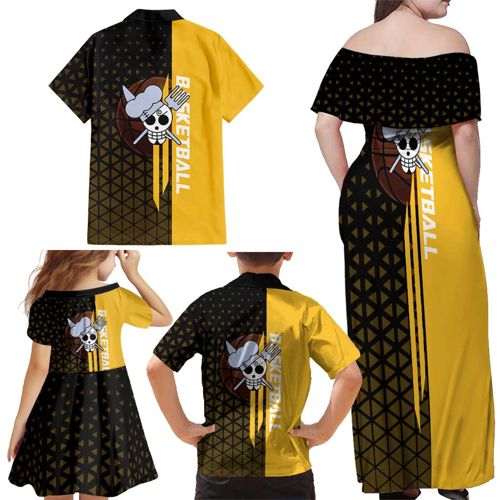 Sanji One Piece Basketball Theme Yellow and Black Design Family Matching Off Shoulder Maxi Dress and Hawaiian Shirt with Pirate Chef Logo and Jump Shot Pose