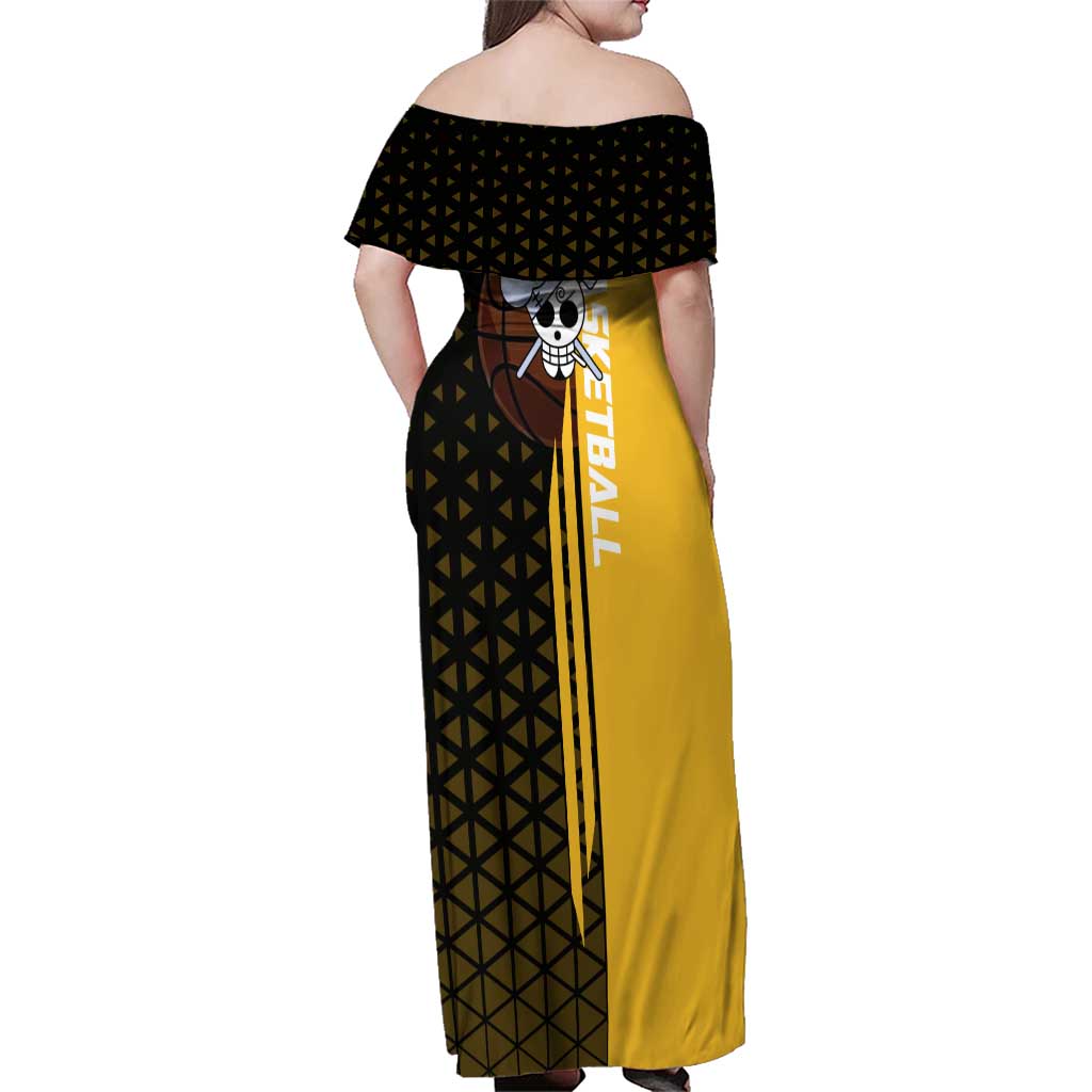 Sanji One Piece Basketball Theme Yellow and Black Design Family Matching Off Shoulder Maxi Dress and Hawaiian Shirt with Pirate Chef Logo and Jump Shot Pose