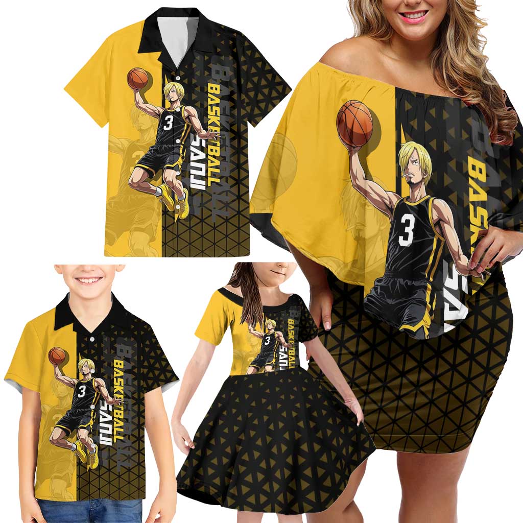 Sanji One Piece Basketball Theme Yellow and Black Design Family Matching Off Shoulder Short Dress and Hawaiian Shirt with Pirate Chef Logo and Jump Shot Pose