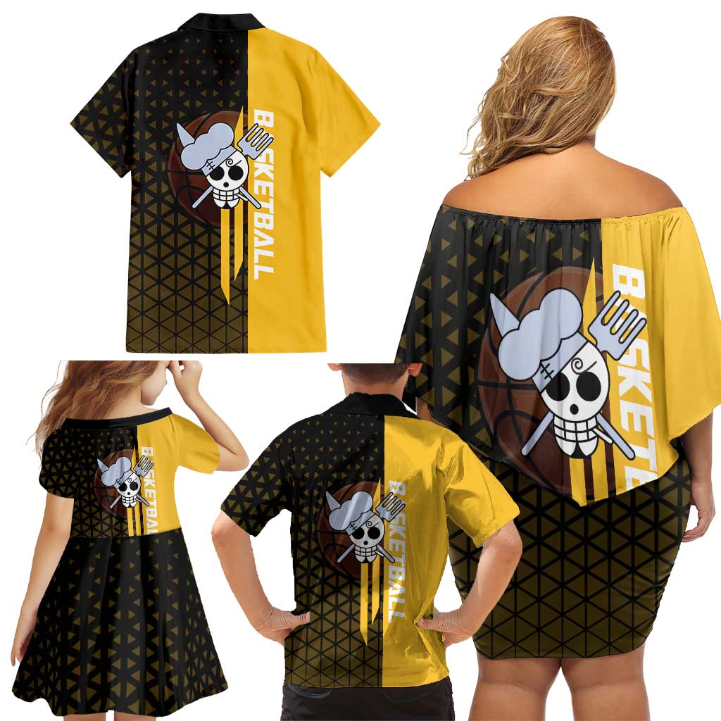 Sanji One Piece Basketball Theme Yellow and Black Design Family Matching Off Shoulder Short Dress and Hawaiian Shirt with Pirate Chef Logo and Jump Shot Pose