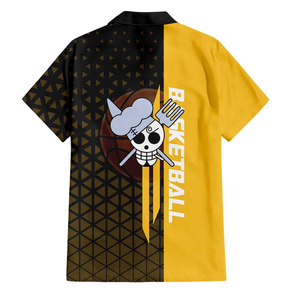 Sanji One Piece Basketball Theme Yellow and Black Design Family Matching Off Shoulder Short Dress and Hawaiian Shirt with Pirate Chef Logo and Jump Shot Pose