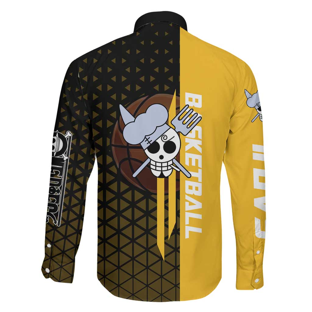 Sanji One Piece Basketball Theme Yellow and Black Design Family Matching Off Shoulder Short Dress and Hawaiian Shirt with Pirate Chef Logo and Jump Shot Pose