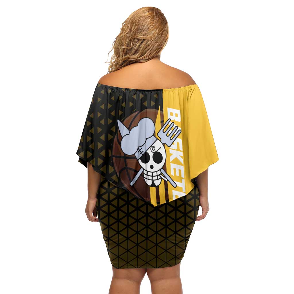 Sanji One Piece Basketball Theme Yellow and Black Design Family Matching Off Shoulder Short Dress and Hawaiian Shirt with Pirate Chef Logo and Jump Shot Pose