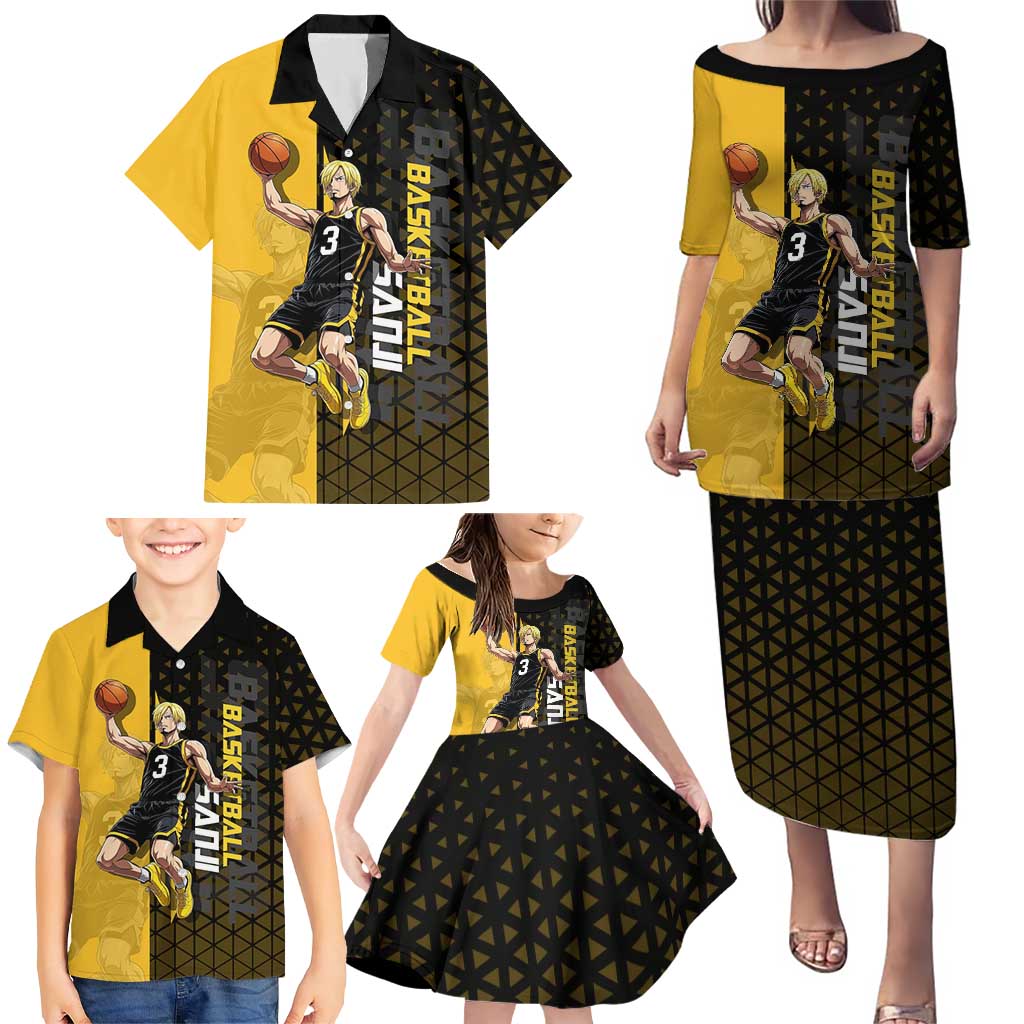 Sanji One Piece Basketball Theme Yellow and Black Design Family Matching Puletasi and Hawaiian Shirt with Pirate Chef Logo and Jump Shot Pose