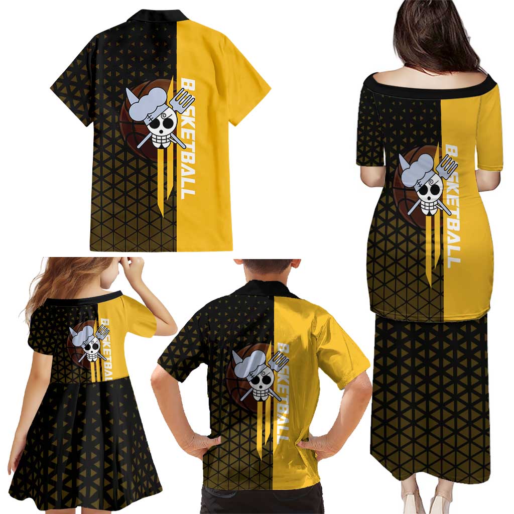 Sanji One Piece Basketball Theme Yellow and Black Design Family Matching Puletasi and Hawaiian Shirt with Pirate Chef Logo and Jump Shot Pose