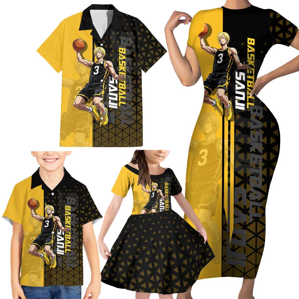 Sanji One Piece Basketball Theme Yellow and Black Design Family Matching Short Sleeve Bodycon Dress and Hawaiian Shirt with Pirate Chef Logo and Jump Shot Pose