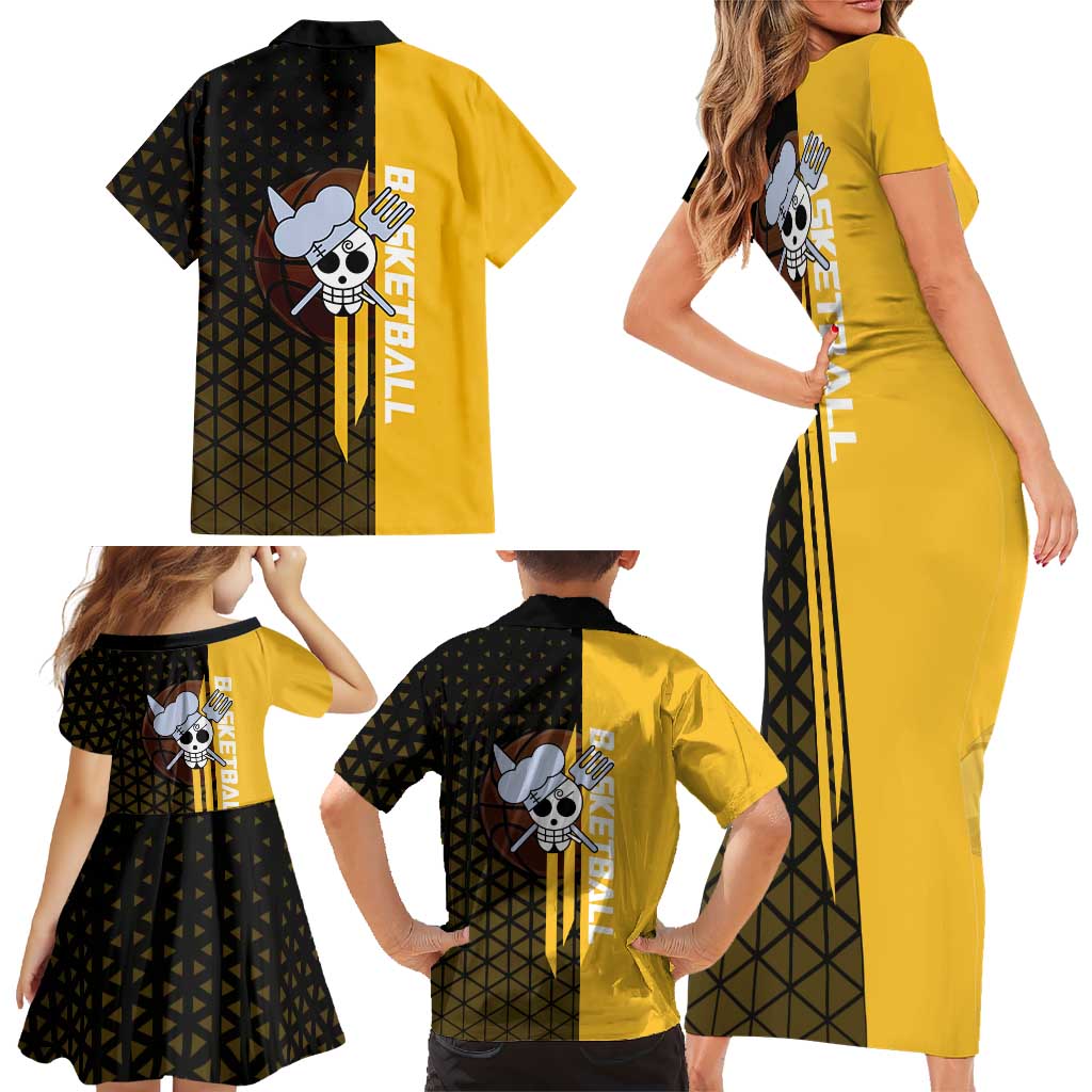 Sanji One Piece Basketball Theme Yellow and Black Design Family Matching Short Sleeve Bodycon Dress and Hawaiian Shirt with Pirate Chef Logo and Jump Shot Pose