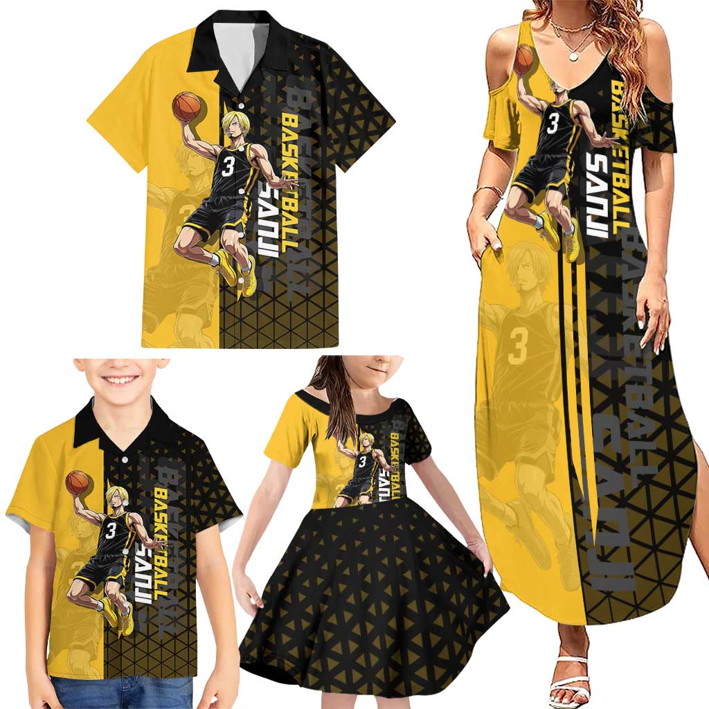 Sanji One Piece Basketball Theme Yellow and Black Design Family Matching Summer Maxi Dress and Hawaiian Shirt with Pirate Chef Logo and Jump Shot Pose