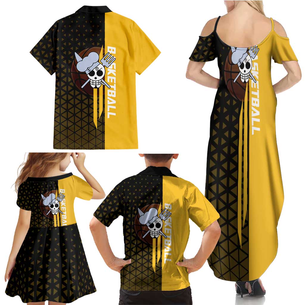 Sanji One Piece Basketball Theme Yellow and Black Design Family Matching Summer Maxi Dress and Hawaiian Shirt with Pirate Chef Logo and Jump Shot Pose