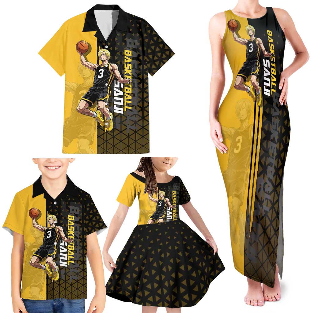 Sanji One Piece Basketball Theme Yellow and Black Design Family Matching Tank Maxi Dress and Hawaiian Shirt with Pirate Chef Logo and Jump Shot Pose