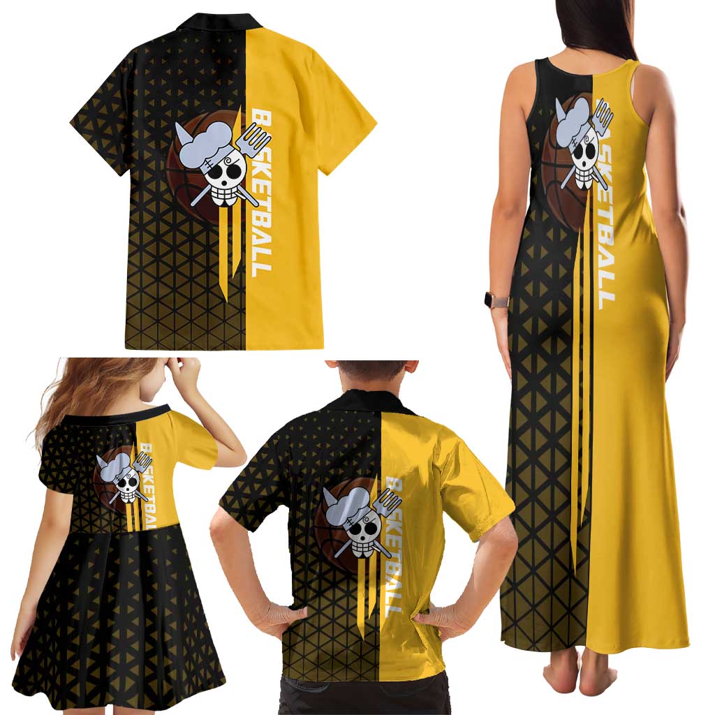 Sanji One Piece Basketball Theme Yellow and Black Design Family Matching Tank Maxi Dress and Hawaiian Shirt with Pirate Chef Logo and Jump Shot Pose