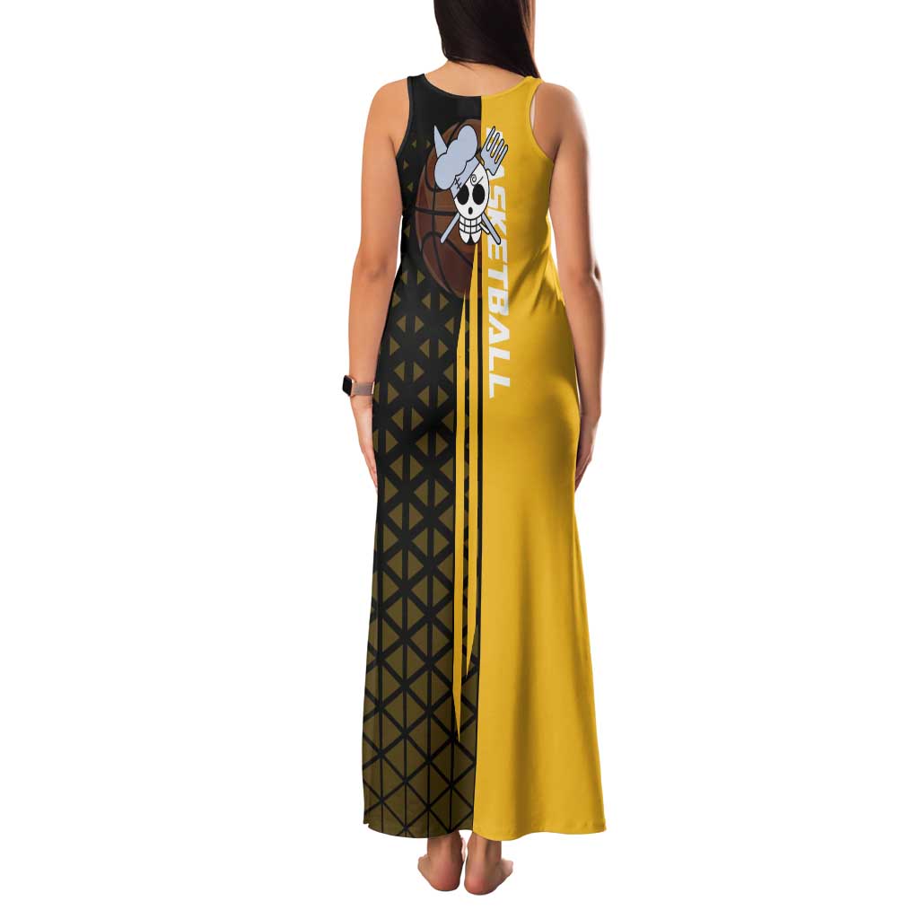 Sanji One Piece Basketball Theme Yellow and Black Design Family Matching Tank Maxi Dress and Hawaiian Shirt with Pirate Chef Logo and Jump Shot Pose