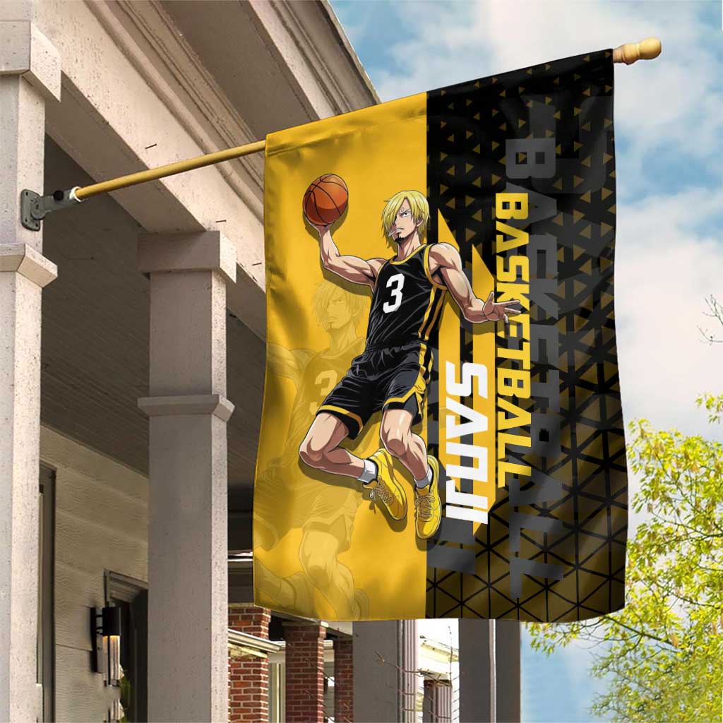Sanji One Piece Basketball Theme Yellow and Black Design Garden Flag with Pirate Chef Logo and Jump Shot Pose - The Mazicc