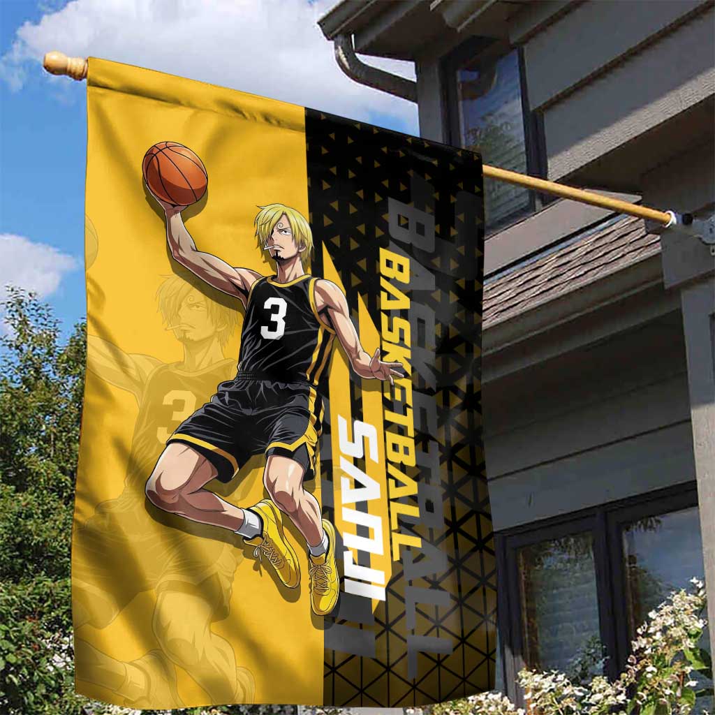 Sanji One Piece Basketball Theme Yellow and Black Design Garden Flag with Pirate Chef Logo and Jump Shot Pose - The Mazicc