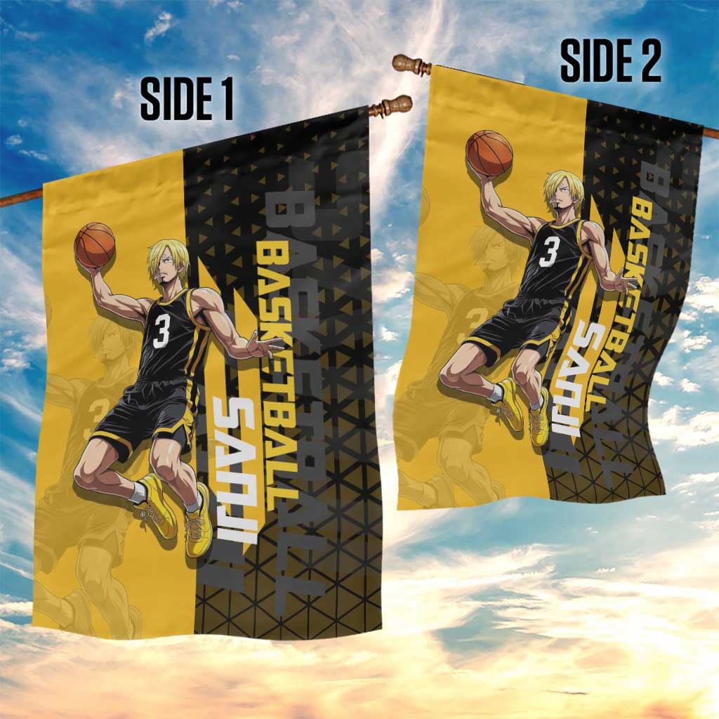 Sanji One Piece Basketball Theme Yellow and Black Design Garden Flag with Pirate Chef Logo and Jump Shot Pose - The Mazicc