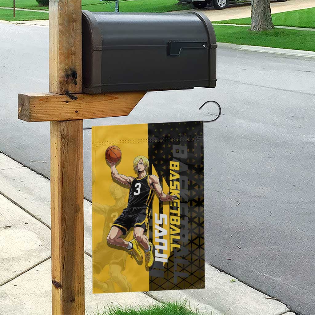 Sanji One Piece Basketball Theme Yellow and Black Design Garden Flag with Pirate Chef Logo and Jump Shot Pose - The Mazicc