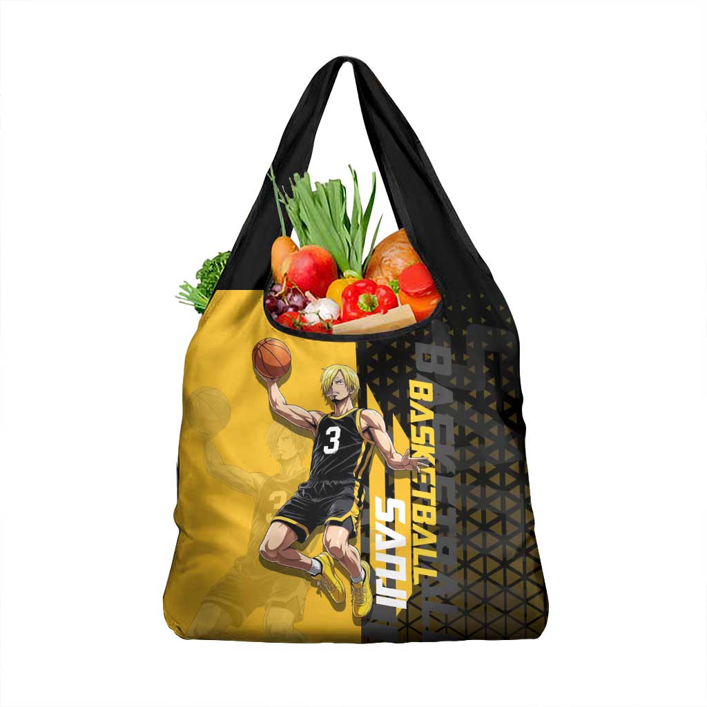 Sanji One Piece Basketball Theme Yellow and Black Design Grocery Bag with Pirate Chef Logo and Jump Shot Pose - The Mazicc