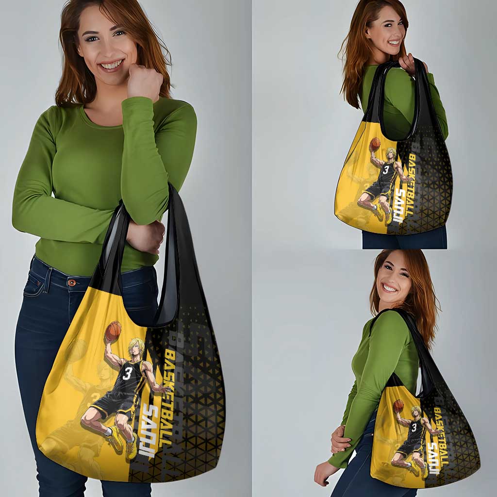 Sanji One Piece Basketball Theme Yellow and Black Design Grocery Bag with Pirate Chef Logo and Jump Shot Pose - The Mazicc