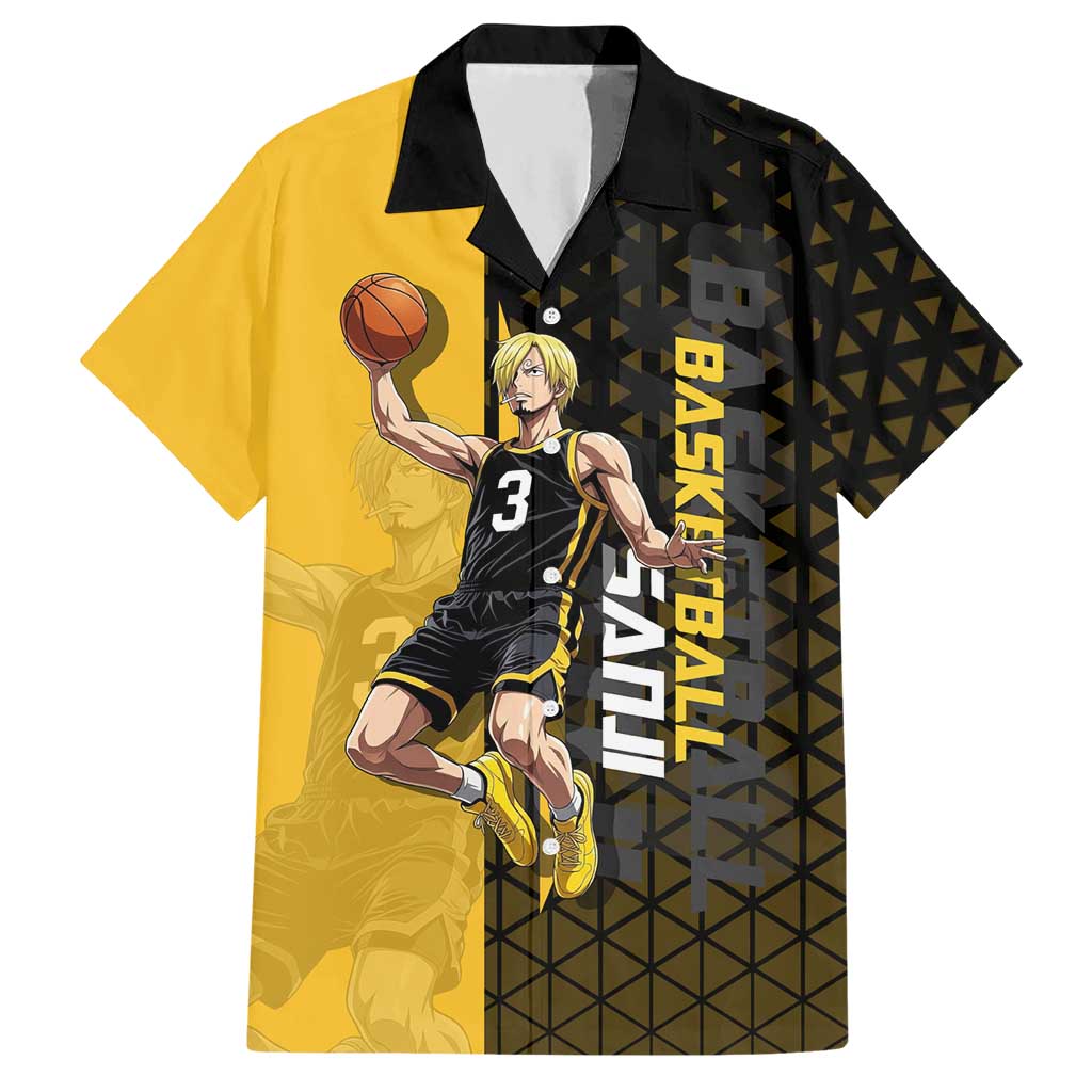 Sanji One Piece Basketball Theme Yellow and Black Design Hawaiian Shirt with Pirate Chef Logo and Jump Shot Pose - The Mazicc