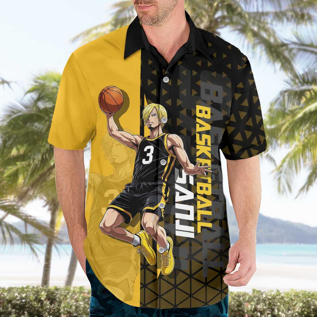 Sanji One Piece Basketball Theme Yellow and Black Design Hawaiian Shirt with Pirate Chef Logo and Jump Shot Pose - The Mazicc