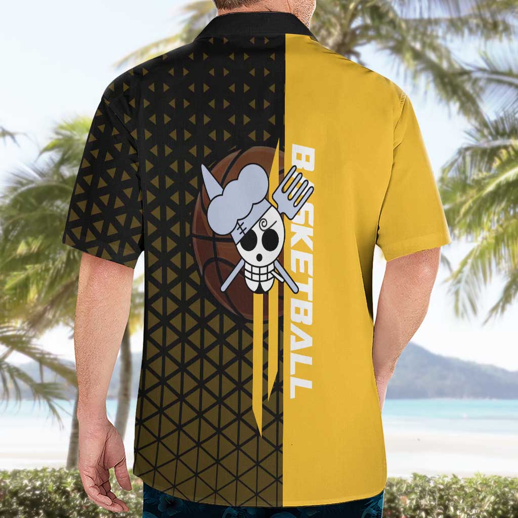 Sanji One Piece Basketball Theme Yellow and Black Design Hawaiian Shirt with Pirate Chef Logo and Jump Shot Pose - The Mazicc