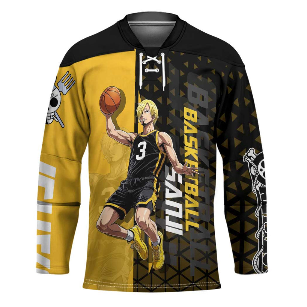 Sanji One Piece Basketball Theme Yellow and Black Design Hockey Jersey with Pirate Chef Logo and Jump Shot Pose - The Mazicc