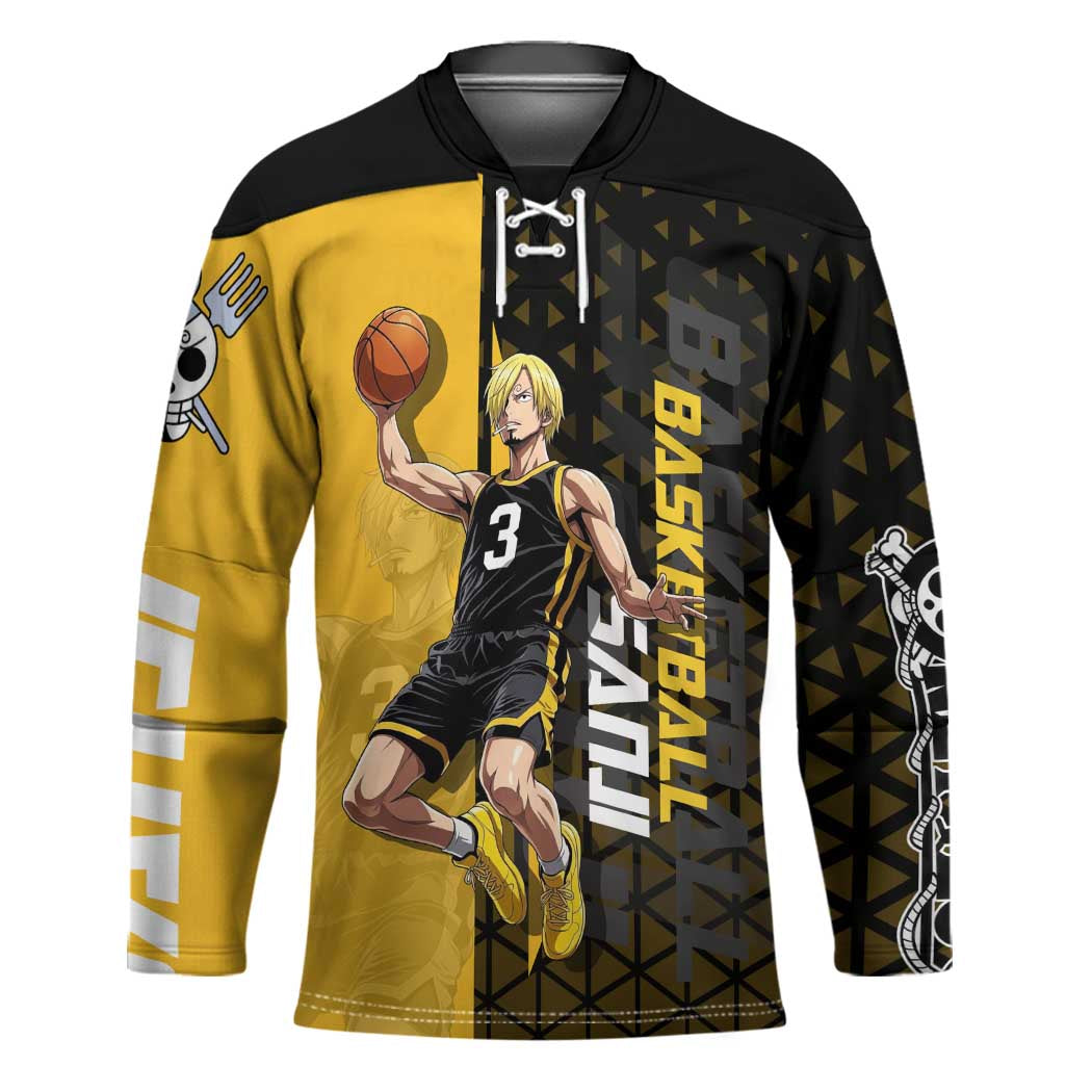 Sanji One Piece Basketball Theme Yellow and Black Design Hockey Jersey with Pirate Chef Logo and Jump Shot Pose - The Mazicc