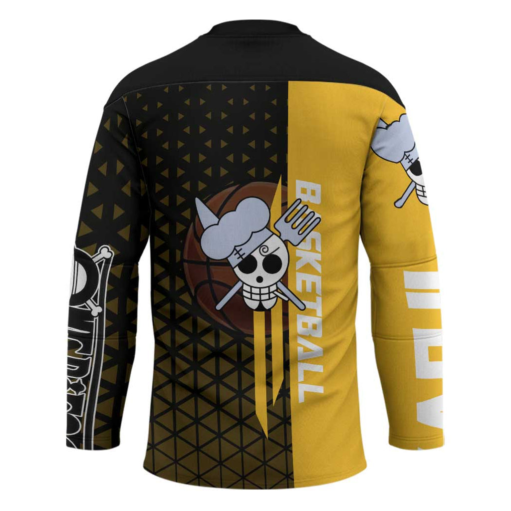 Sanji One Piece Basketball Theme Yellow and Black Design Hockey Jersey with Pirate Chef Logo and Jump Shot Pose - The Mazicc