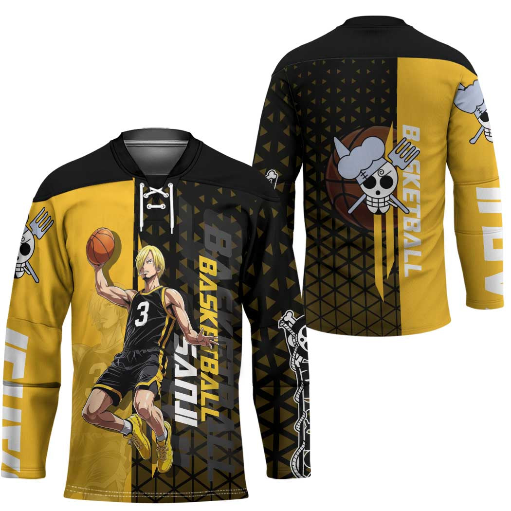 Sanji One Piece Basketball Theme Yellow and Black Design Hockey Jersey with Pirate Chef Logo and Jump Shot Pose - The Mazicc