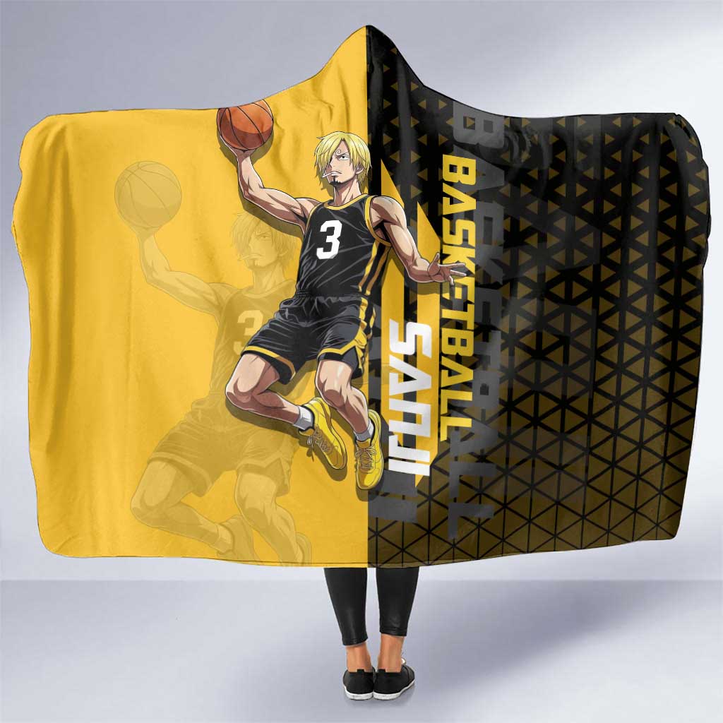 Sanji One Piece Basketball Theme Yellow and Black Design Hooded Blanket with Pirate Chef Logo and Jump Shot Pose - The Mazicc