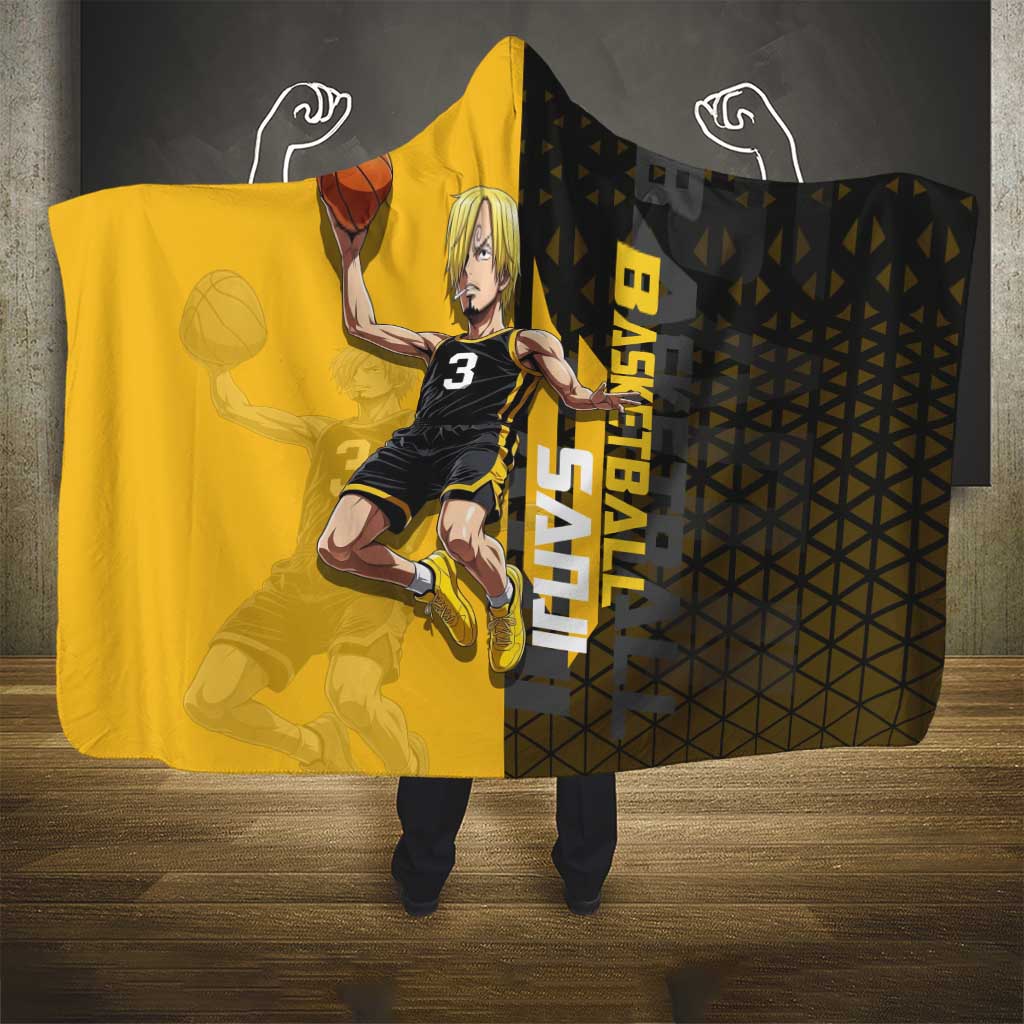 Sanji One Piece Basketball Theme Yellow and Black Design Hooded Blanket with Pirate Chef Logo and Jump Shot Pose - The Mazicc