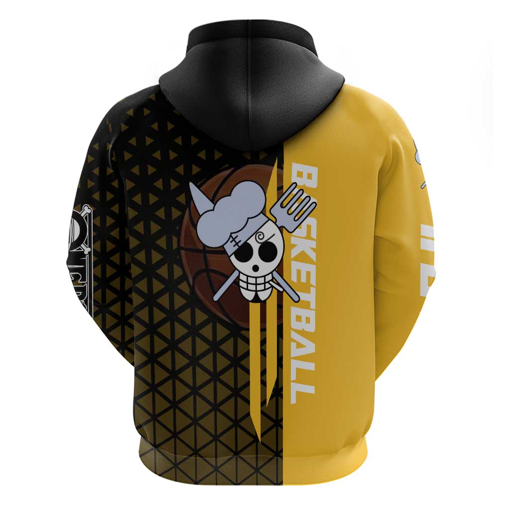 Sanji One Piece Basketball Theme Yellow and Black Design Hoodie with Pirate Chef Logo and Jump Shot Pose - The Mazicc