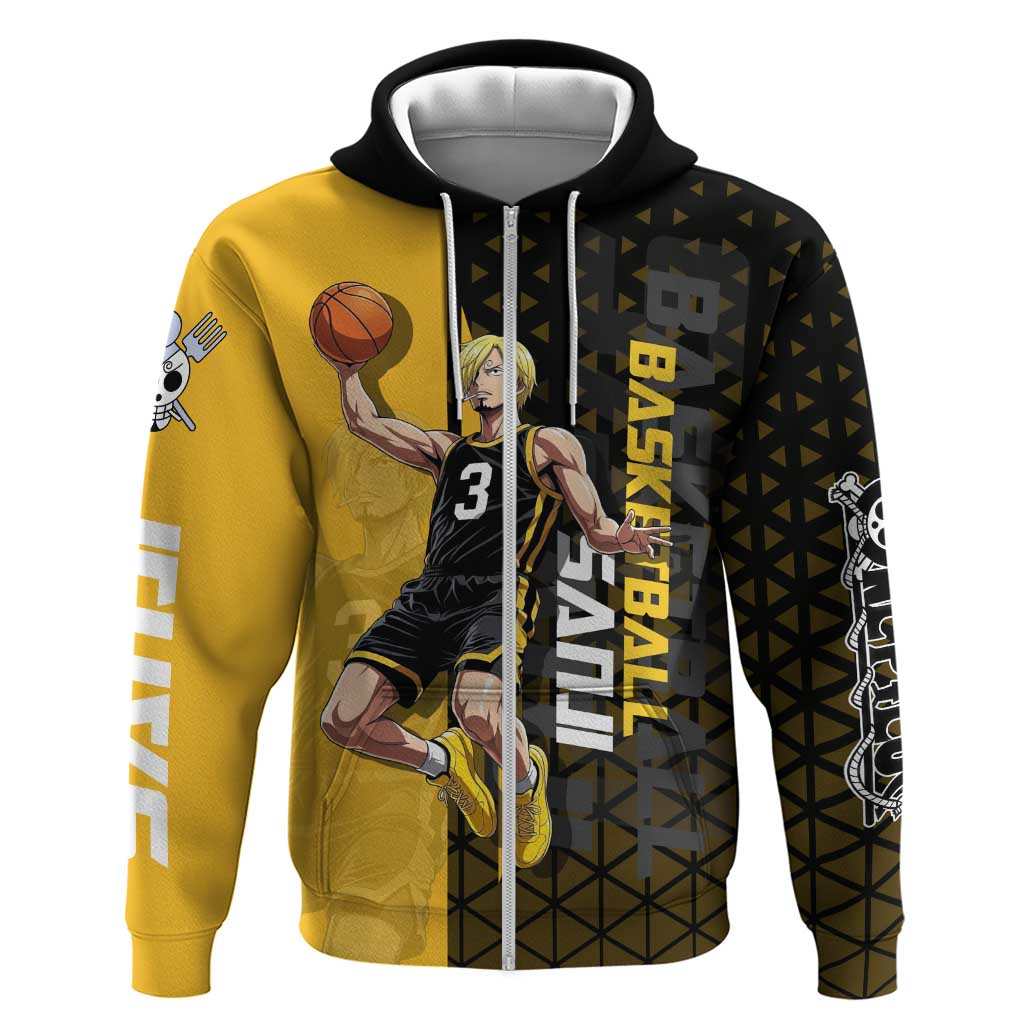 Sanji One Piece Basketball Theme Yellow and Black Design Hoodie with Pirate Chef Logo and Jump Shot Pose - The Mazicc