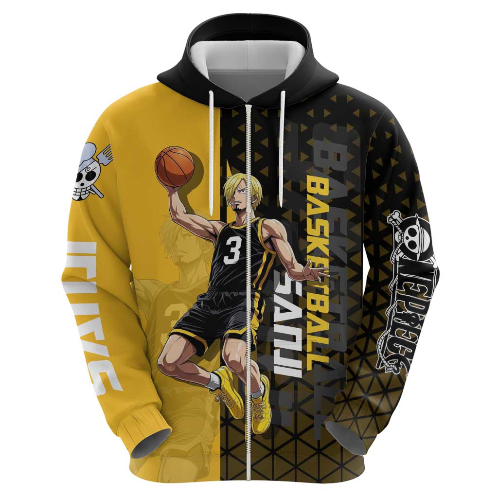Sanji One Piece Basketball Theme Yellow and Black Design Hoodie with Pirate Chef Logo and Jump Shot Pose - The Mazicc