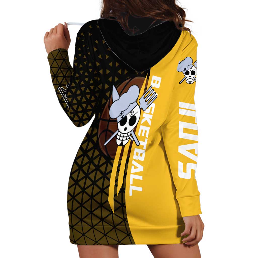 Sanji One Piece Basketball Theme Yellow and Black Design Hoodie Dress with Pirate Chef Logo and Jump Shot Pose - The Mazicc
