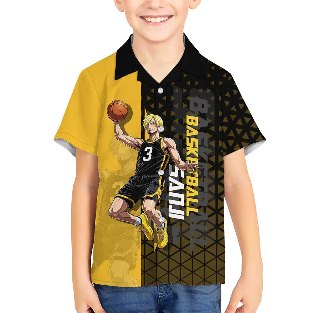 Sanji One Piece Basketball Theme Yellow and Black Design Kid Hawaiian Shirt with Pirate Chef Logo and Jump Shot Pose - The Mazicc