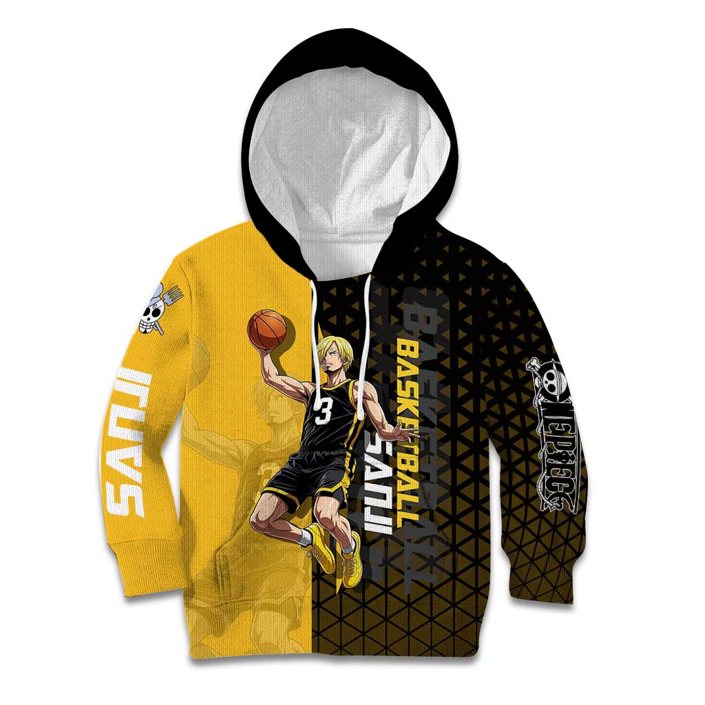 Sanji One Piece Basketball Theme Yellow and Black Design Kid Hoodie with Pirate Chef Logo and Jump Shot Pose - The Mazicc