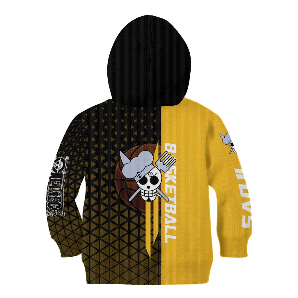 Sanji One Piece Basketball Theme Yellow and Black Design Kid Hoodie with Pirate Chef Logo and Jump Shot Pose - The Mazicc