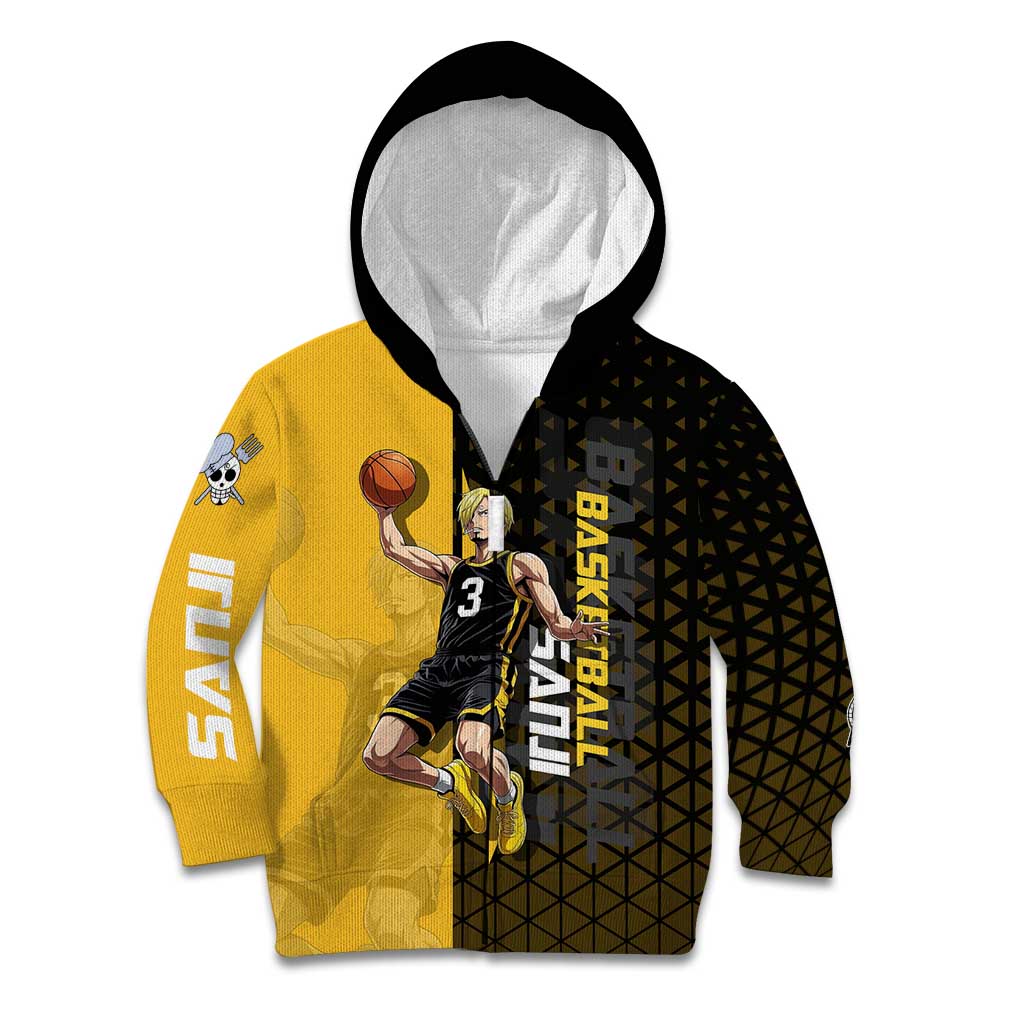 Sanji One Piece Basketball Theme Yellow and Black Design Kid Hoodie with Pirate Chef Logo and Jump Shot Pose - The Mazicc