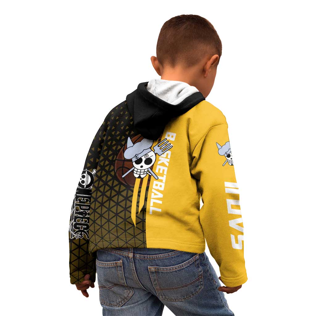 Sanji One Piece Basketball Theme Yellow and Black Design Kid Hoodie with Pirate Chef Logo and Jump Shot Pose - The Mazicc