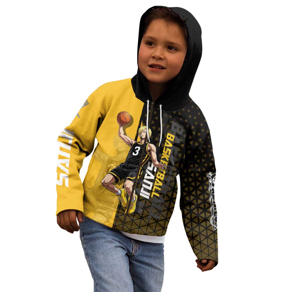 Sanji One Piece Basketball Theme Yellow and Black Design Kid Hoodie with Pirate Chef Logo and Jump Shot Pose - The Mazicc