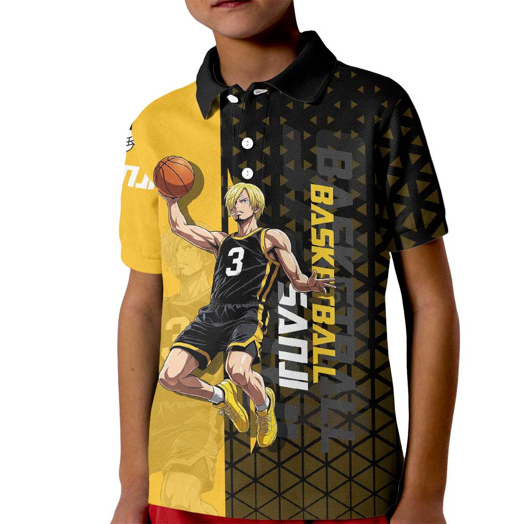 Sanji One Piece Basketball Theme Yellow and Black Design Kid Polo Shirt with Pirate Chef Logo and Jump Shot Pose - The Mazicc