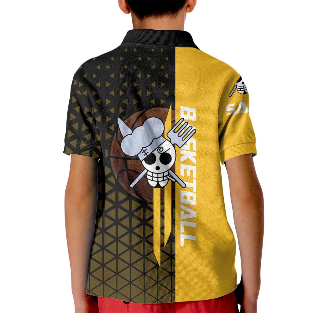 Sanji One Piece Basketball Theme Yellow and Black Design Kid Polo Shirt with Pirate Chef Logo and Jump Shot Pose - The Mazicc