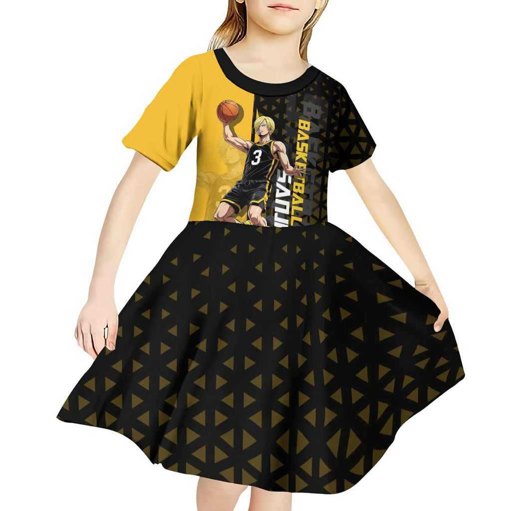 Sanji One Piece Basketball Theme Yellow and Black Design Kid Short Sleeve Dress with Pirate Chef Logo and Jump Shot Pose - The Mazicc