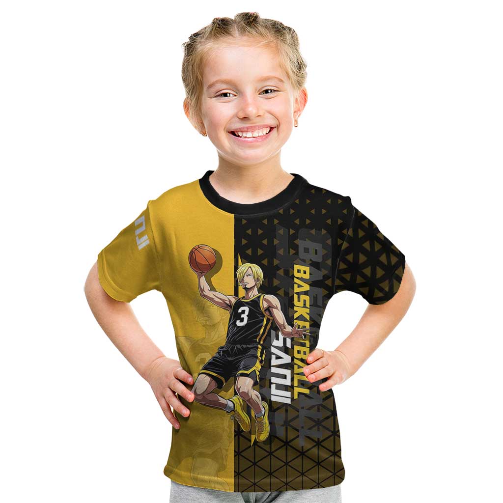 Sanji One Piece Basketball Theme Yellow and Black Design Kid T Shirt with Pirate Chef Logo and Jump Shot Pose - The Mazicc