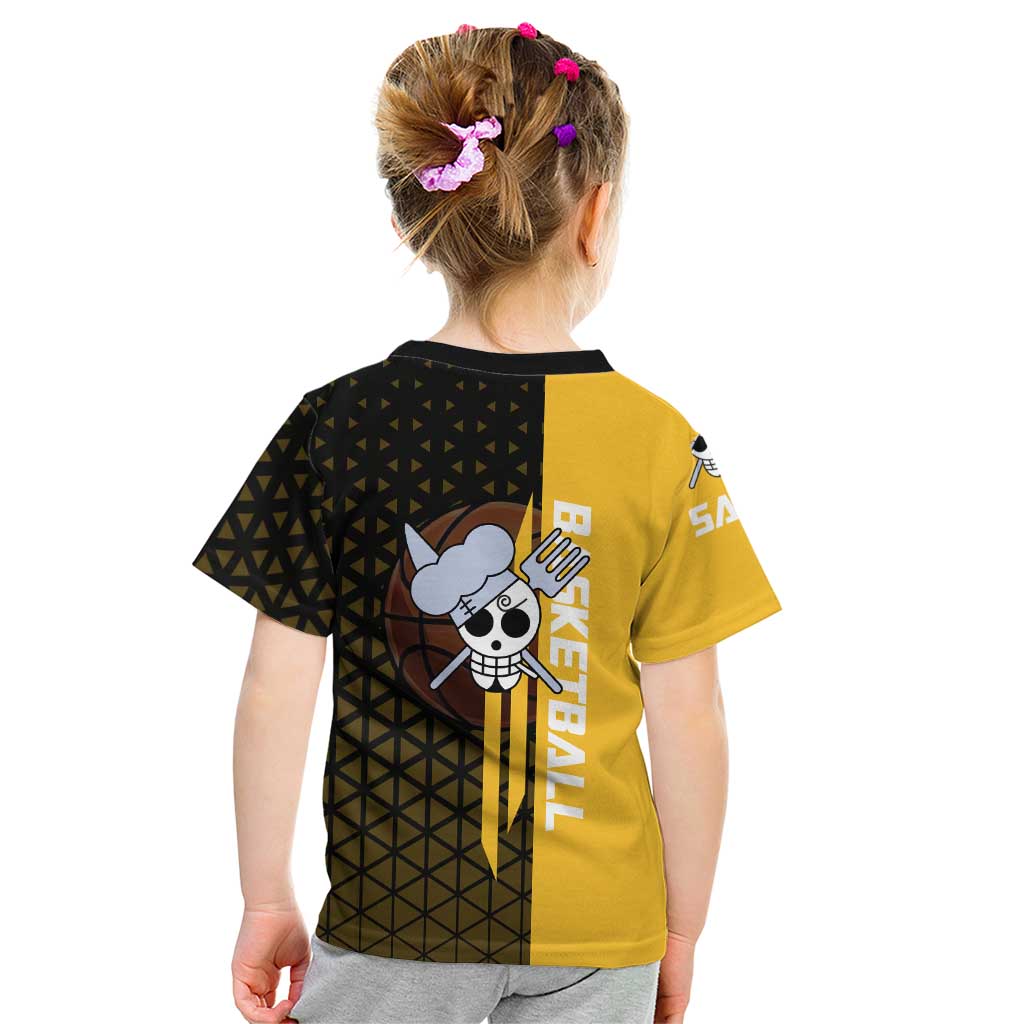 Sanji One Piece Basketball Theme Yellow and Black Design Kid T Shirt with Pirate Chef Logo and Jump Shot Pose - The Mazicc